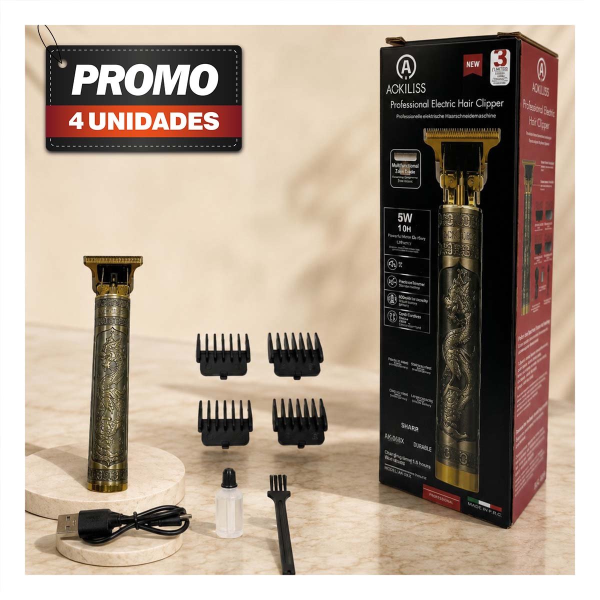 PACK4 MAQUINA PARA CABELLO CON DISENO DE DRAGON COLOR DORADO OSCURO PARA MUJERES - 1