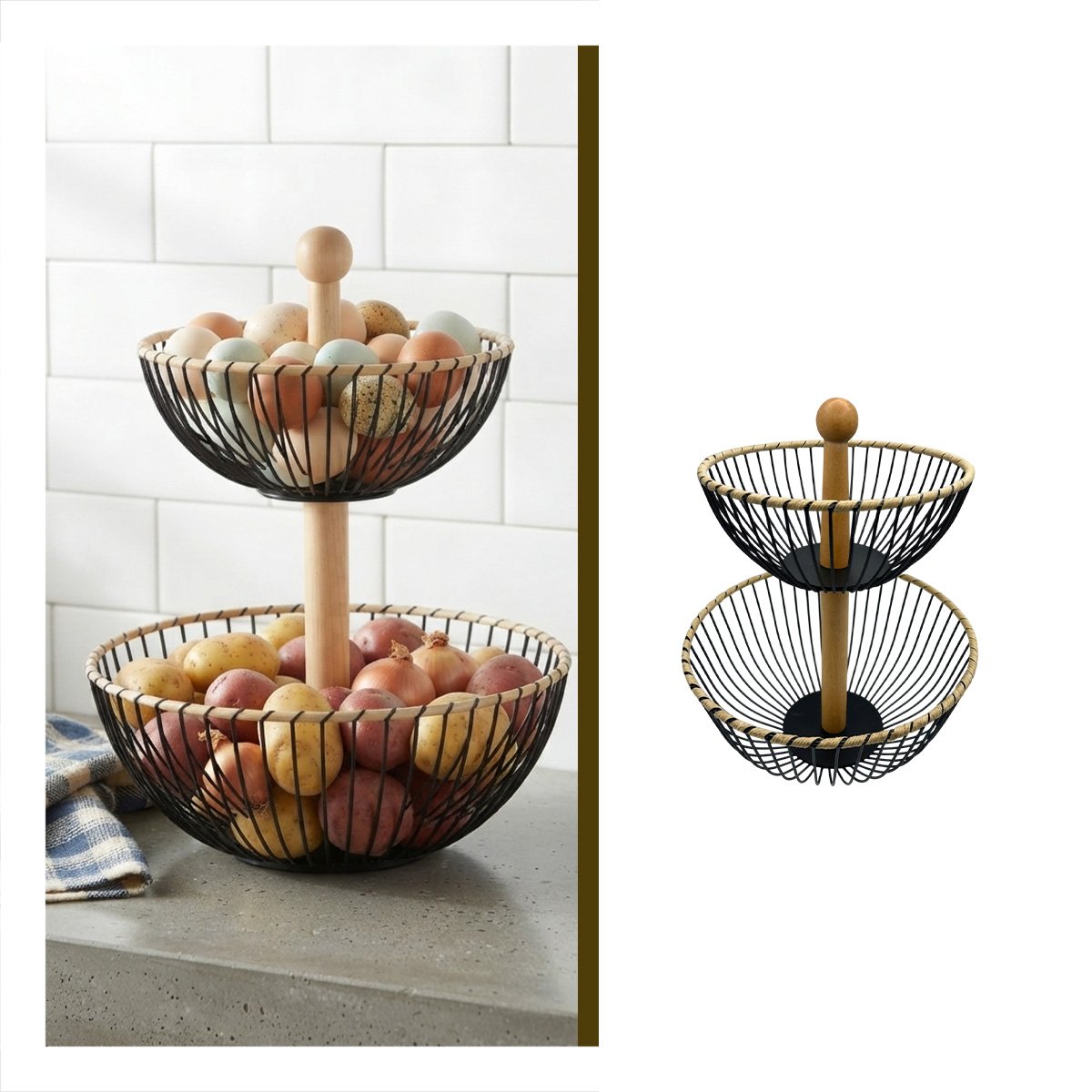 ORGANIZADOR CIRCULAR PARA FRUTAS DE 2 NIVELES NEGRO Y MOSTAZA Y LIGAS REGALO - 1