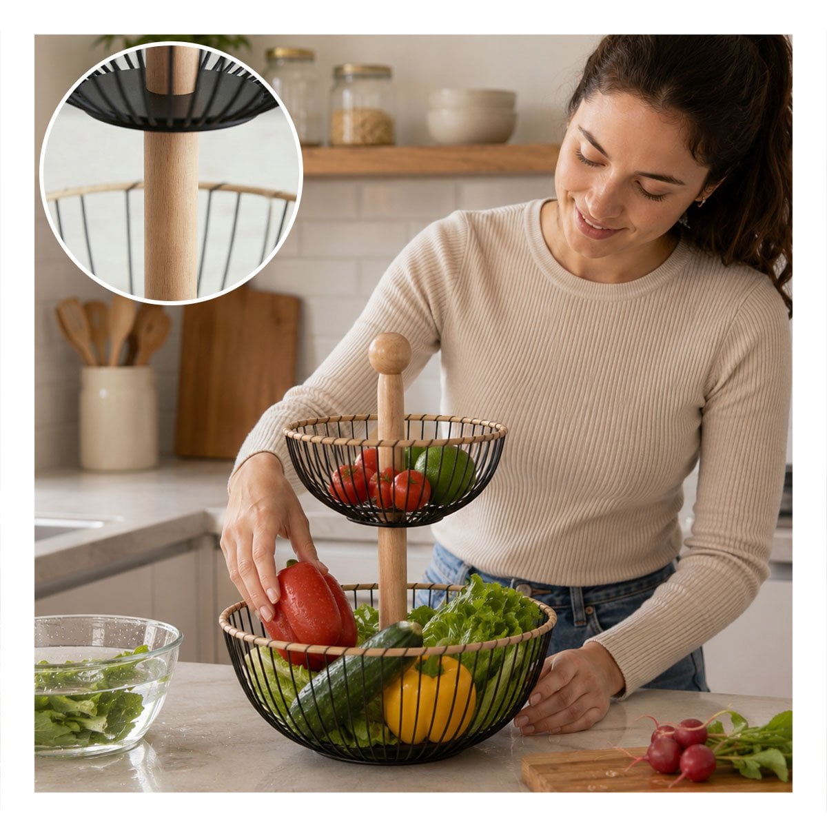 CANASTO PARA FRUTAS NEGRO Y MOSTAZA CON DISEÑO CIRCULAR DE 2 NIVELES Y PAPEL REGALO - 1