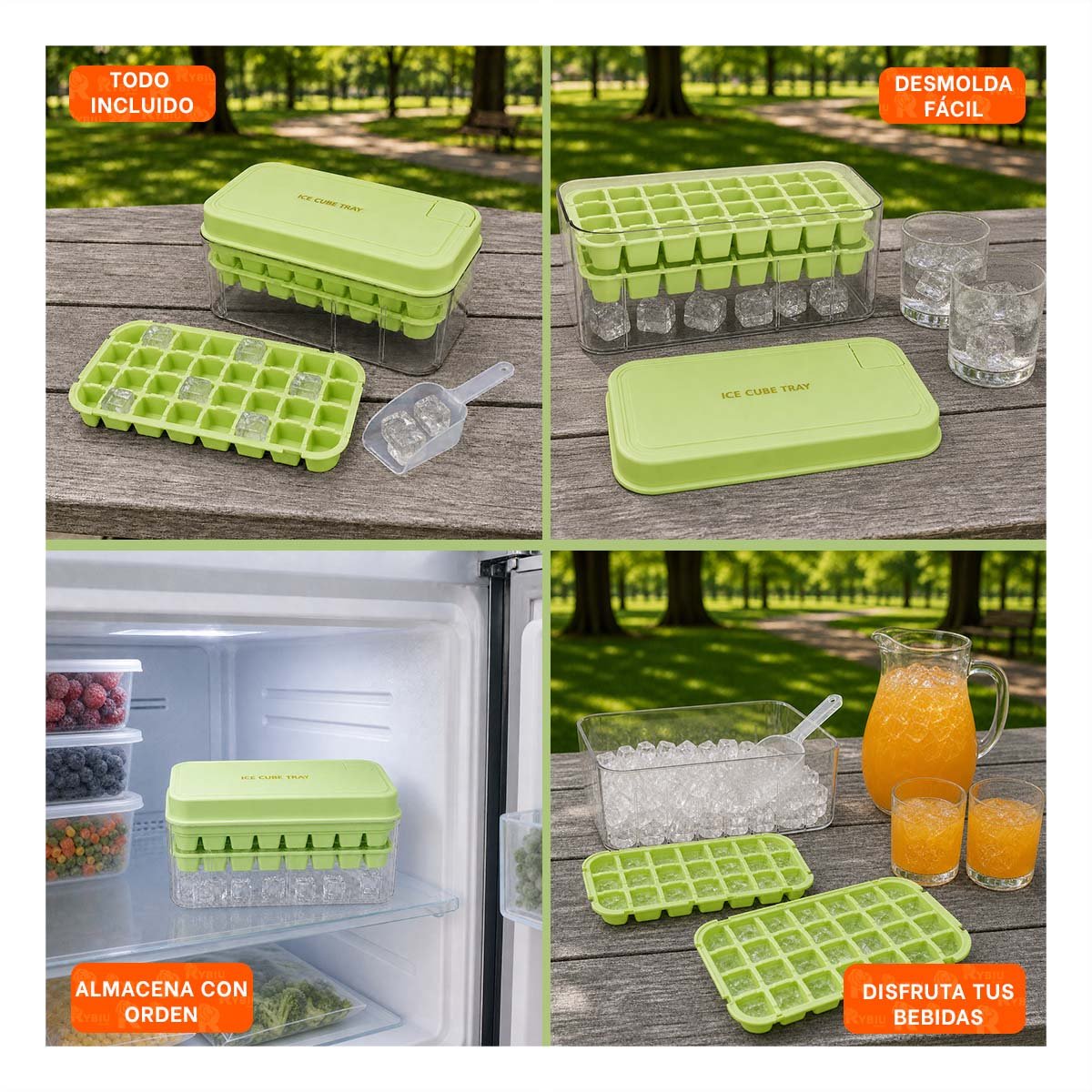 MOLDE VERDE PARA CUBOS DE HIELO CON 2 BANDEJAS Y LIGAS REGALO - 3