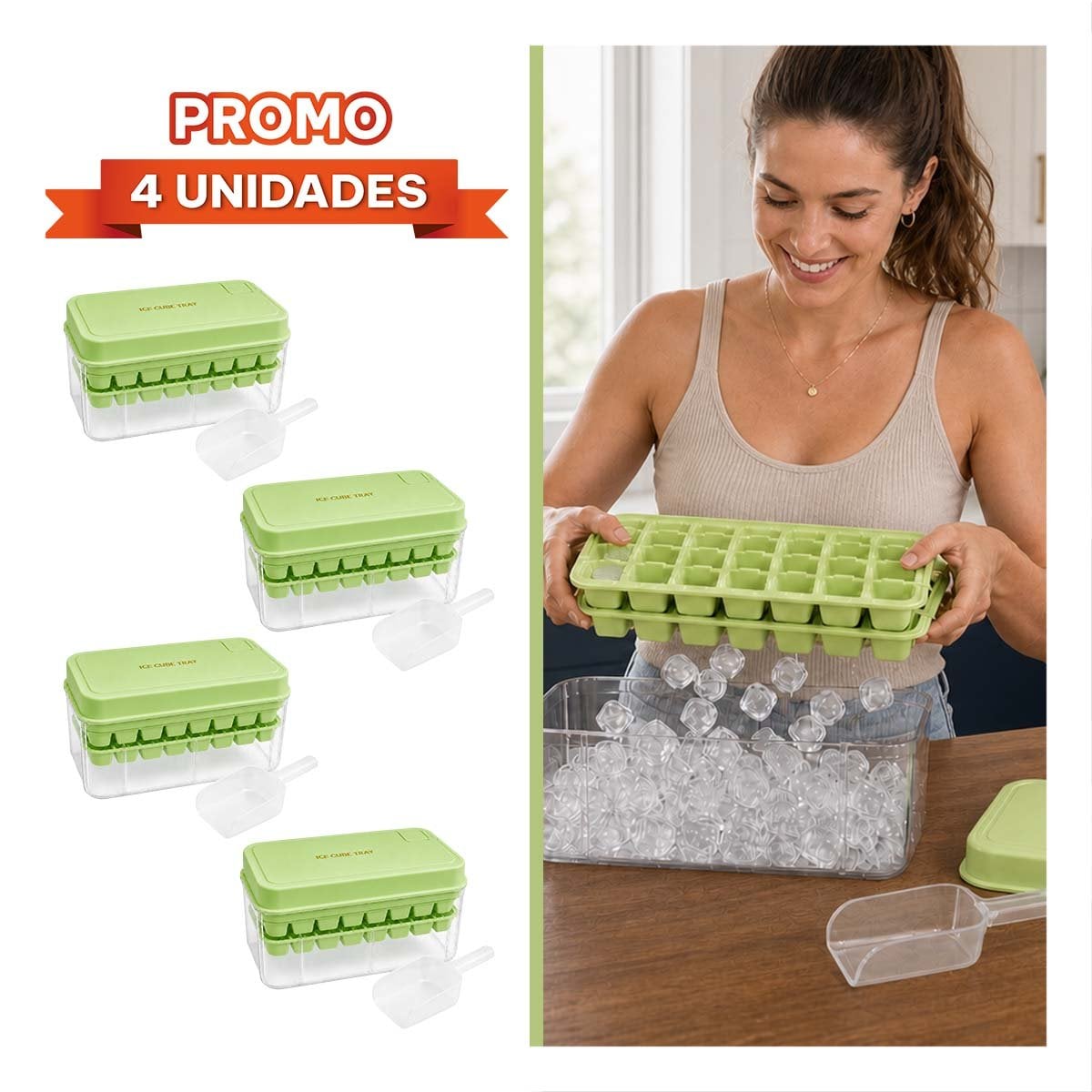 PACK4 HIELERA VERDE CON MOLDE PARA PREPARAR CUBOS DE HIELO YREGALO STICKER - 1