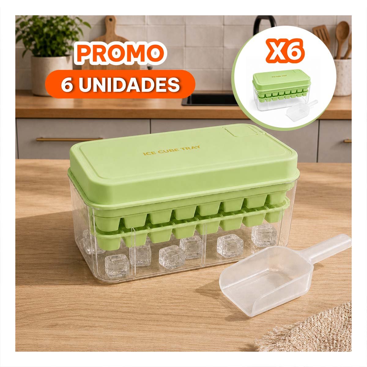PACK6 HIELERA CON MOLDE VERDE PARA HIELO EN 2 BANDEJAS YREGALO STICKER - 1