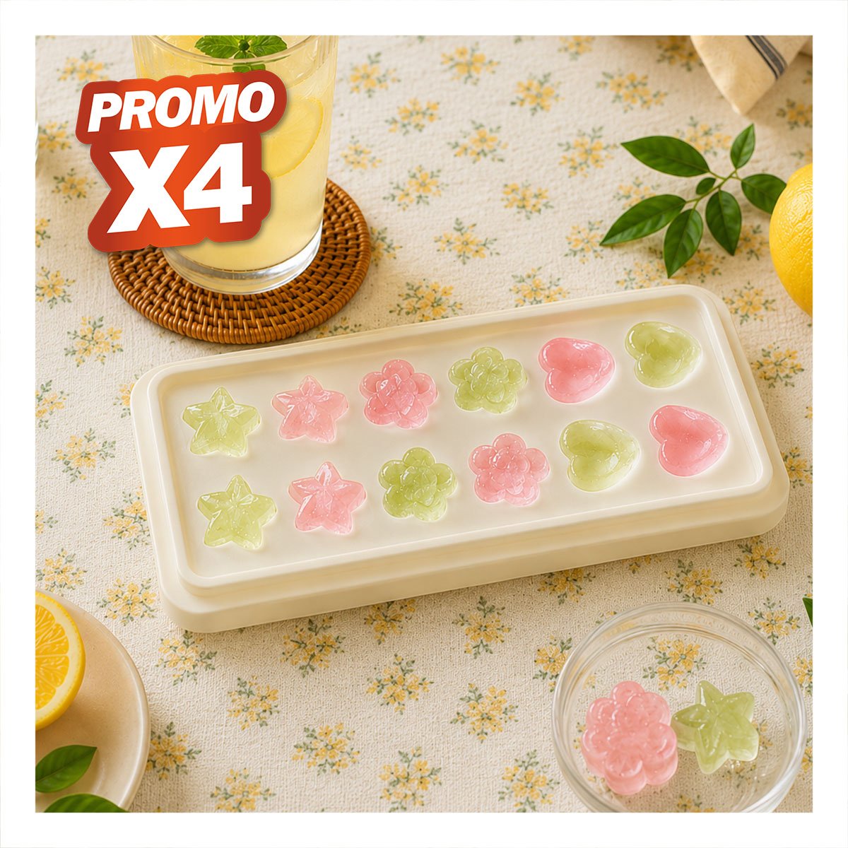 PACK4 RECIPIENTE DE HIELO CON DISEÑO ESTRELLA FLOR CORAZON CREMA YPAPEL REGALO - 1