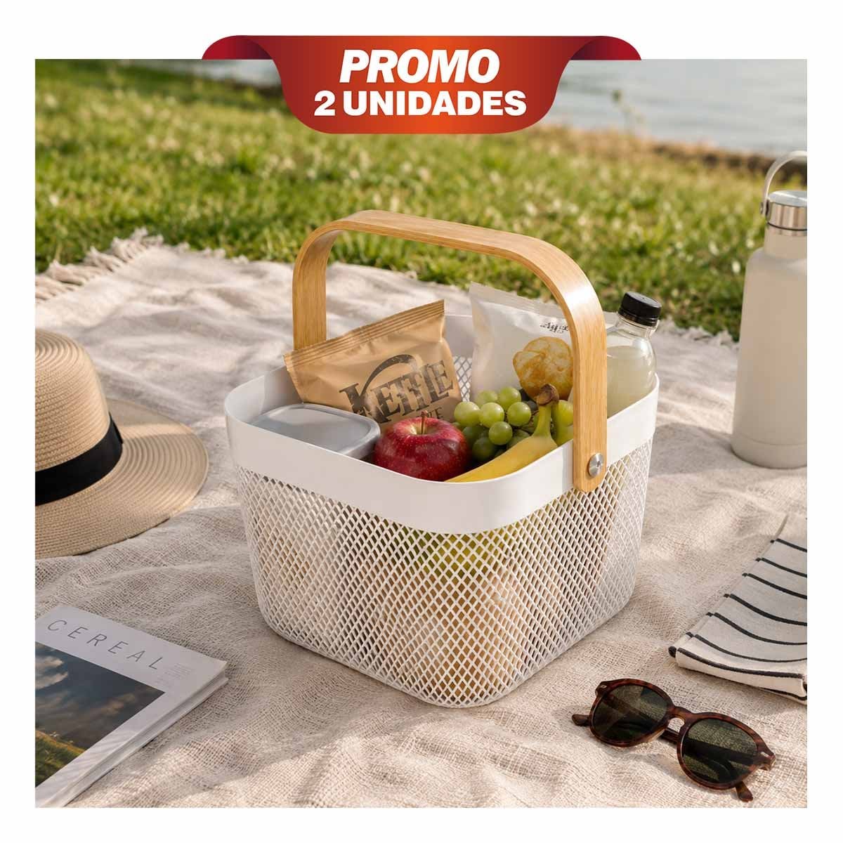 PACK2 CONTENEDOR DE MALLA PLASTICO CON ASA DE MADERA CUADRADO 24X24X18CM BLANCO YPAPEL REGALO - 1