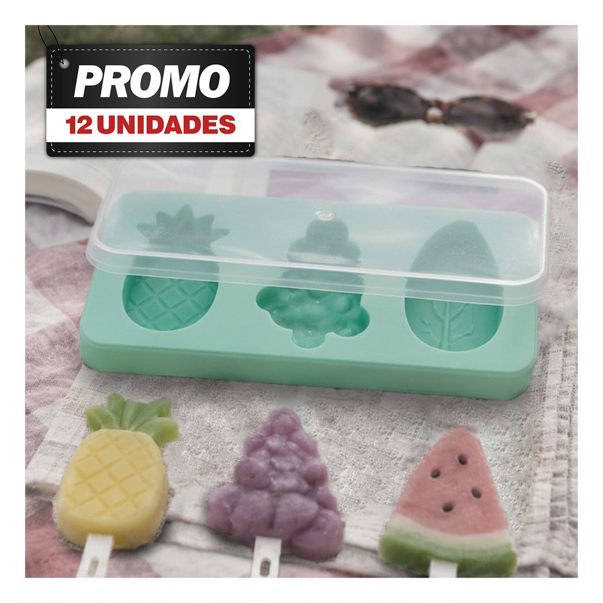 PACK12 MOLDE REUTILIZABLE PARA HELADOS PIÑA UVA MANGO VERDE - 1