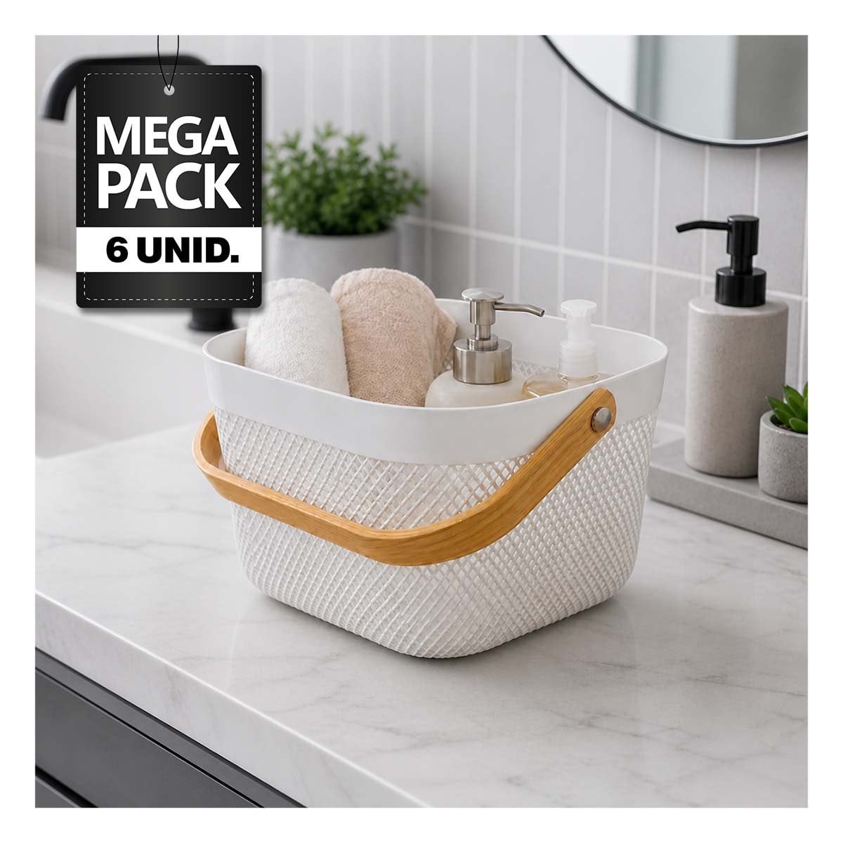 PACK6 ORGANIZADOR PARA OBJETOS BLANCO CON ASA DE MADERA CUADRADO MALLA PLASTICO 24X24X18CM - 1