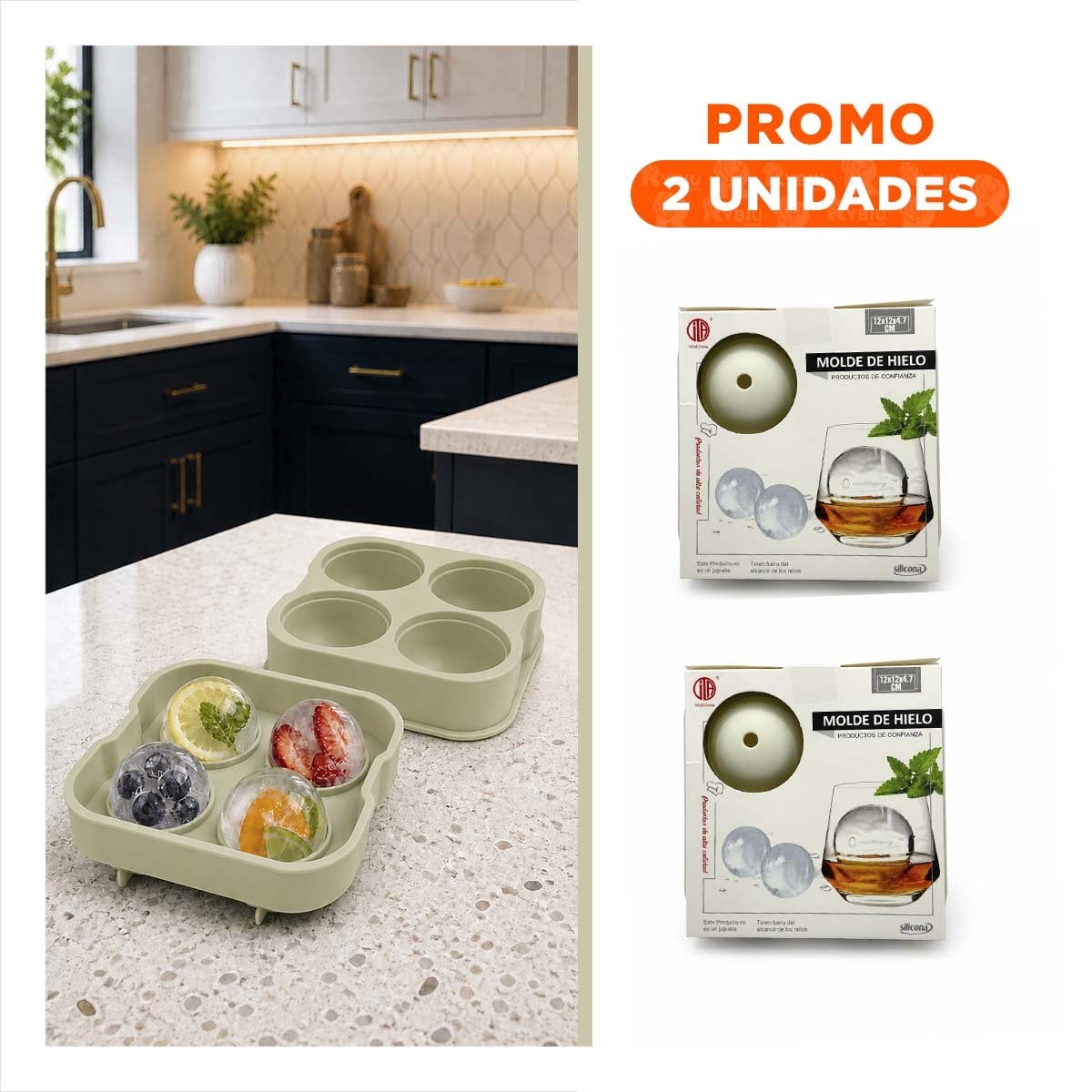 PACK2 HIELERA DE HIELO 4 BOLAS BLANCO PARA PREPARACIONES FRIAS 12X12X4,7CM YREGALO STICKER - 1