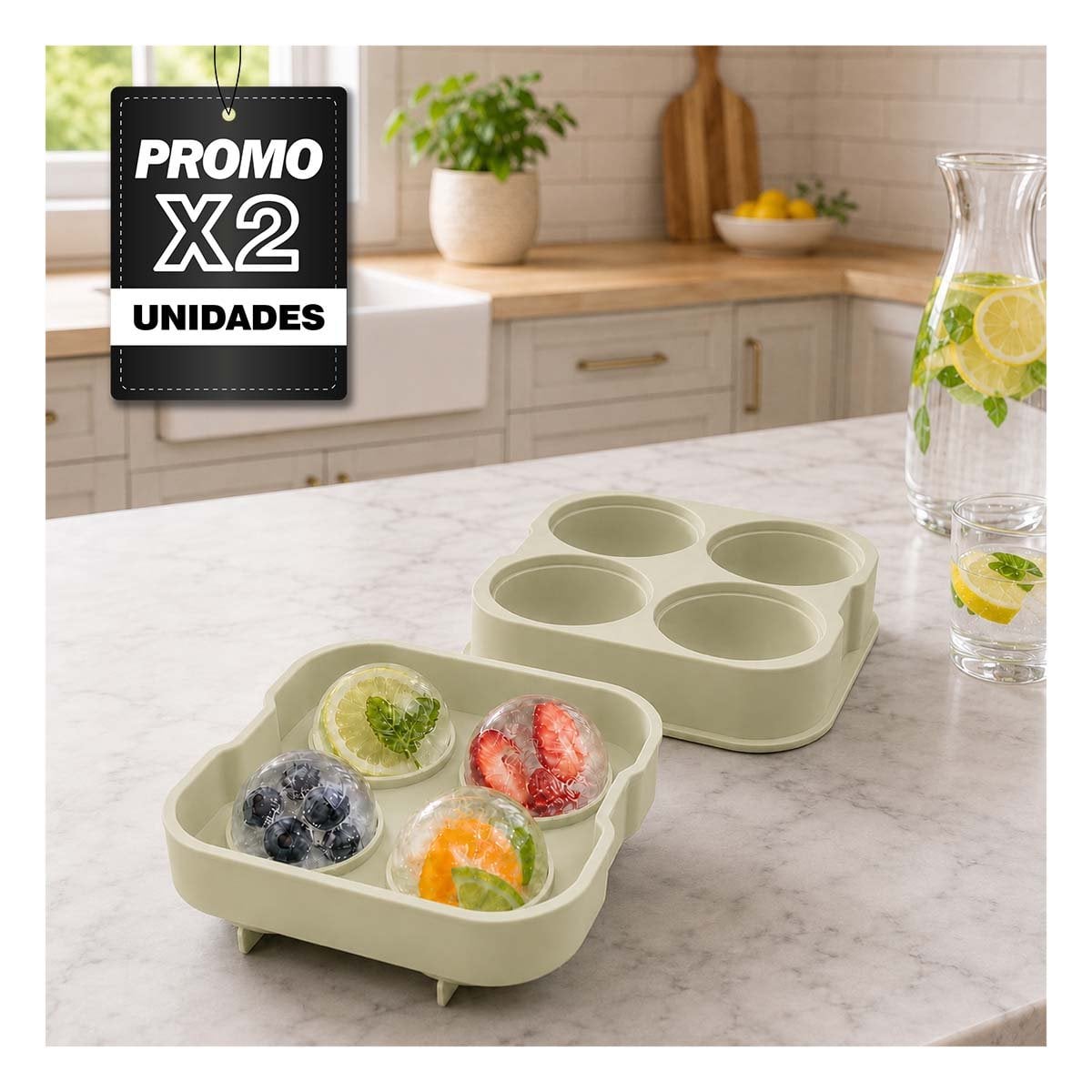 PACK2 RECIPIENTE DE COCINA PARA HIELO BLANCO CON DISEÑO DE 4 BOLAS 12X12X4,7CM - 1