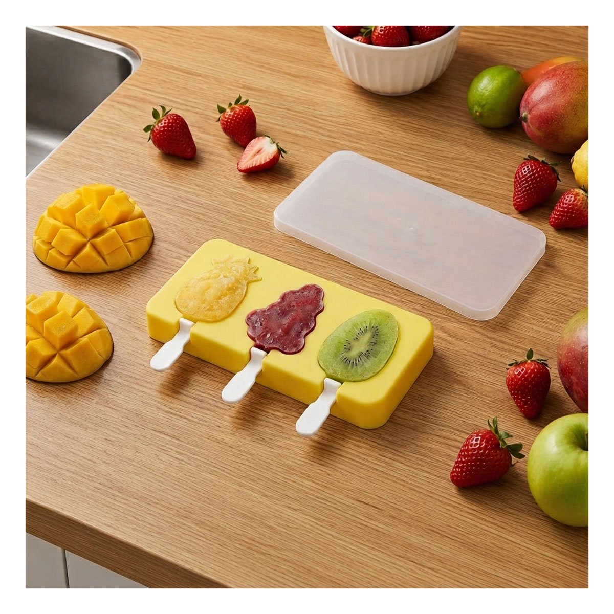 MOLDE TRIPLE PARA HELADOS CASEROS DE PIÑA UVA MANGO AMARILLO Y STICKY - 1