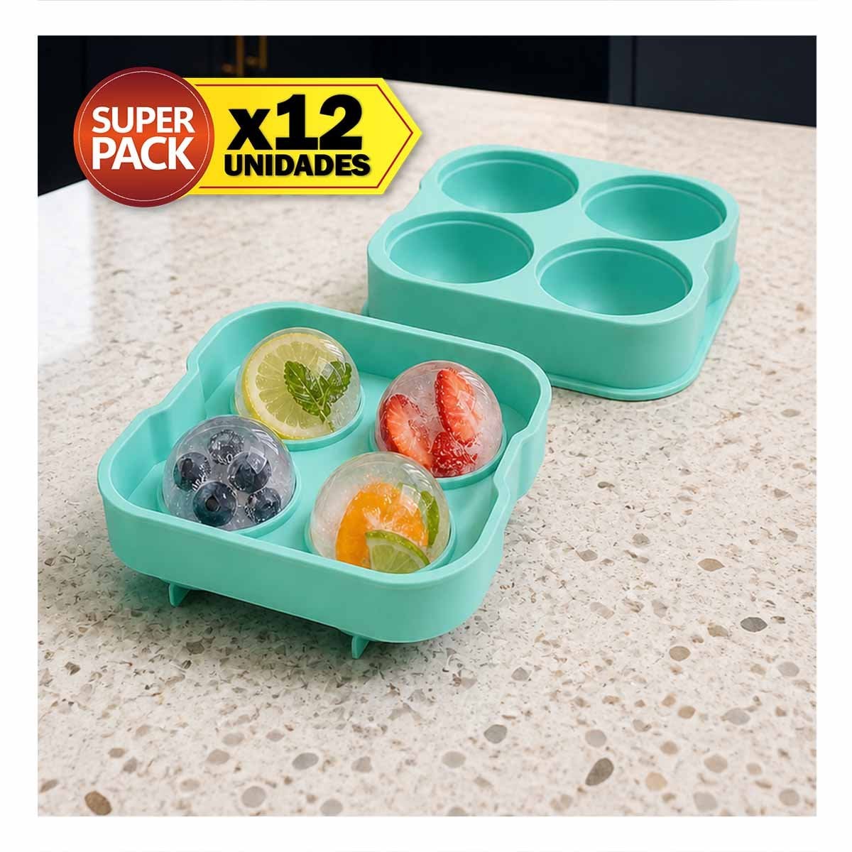 PACK12 HIELERA PARA PREPARAR HIELO 4 BOLAS CON COLOR VERDE 12X12X4,7CM YPAPEL REGALO - 1