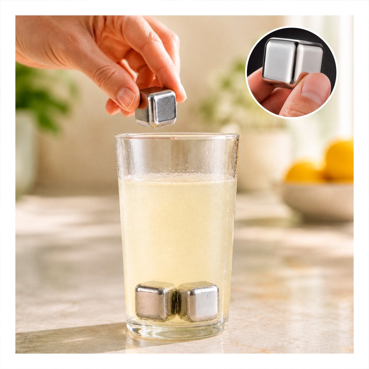 KIT PARA BEBIDAS FRIAS CON CUBOS DE HIELO DE ACERO REUTILIZABLES Y PAPEL REGALO - 1