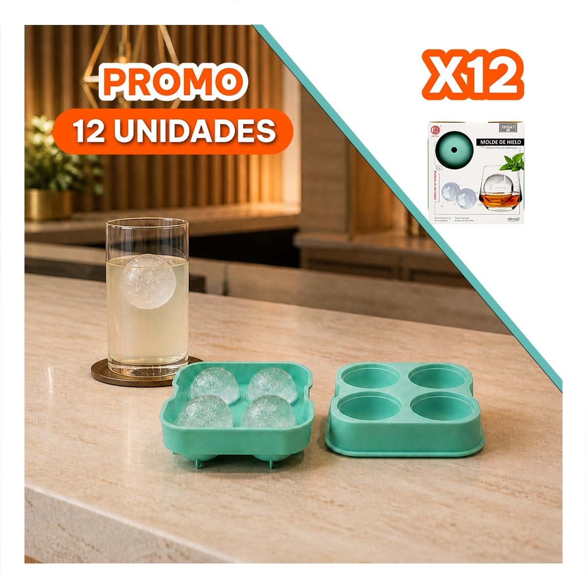 PACK12 MOLDE DE HIELO VERDE PARA CREAR FORMAS REDONDAS EN COCINA YREGALO STICKER - 1