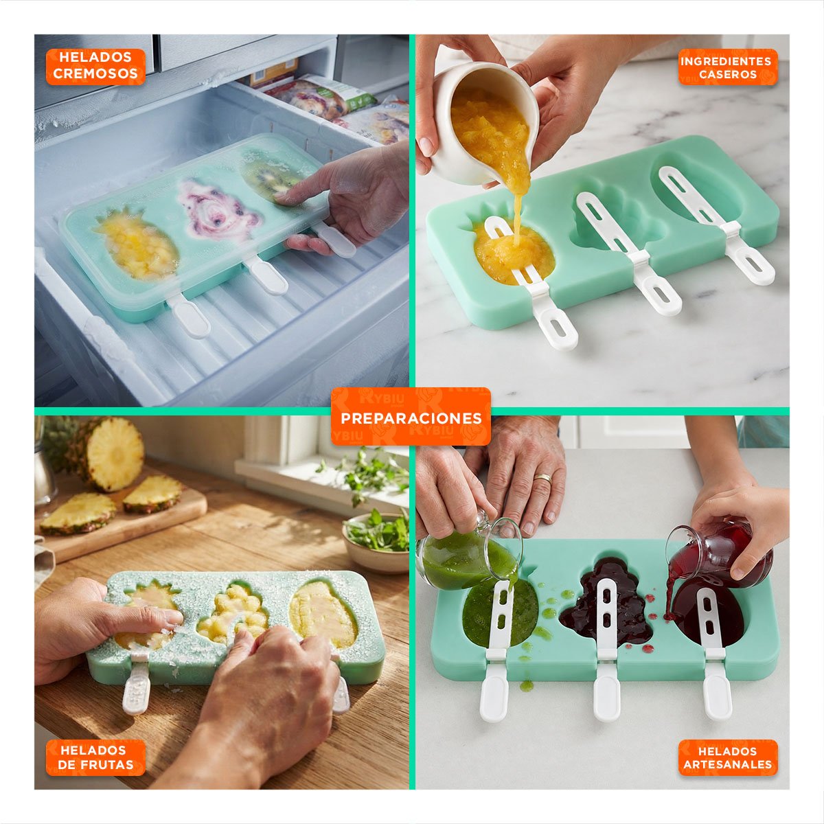 MOLDE TRIPLE PARA HELADOS CASEROS DE PIÑA UVA MANGO VERDE Y STICKY - 3