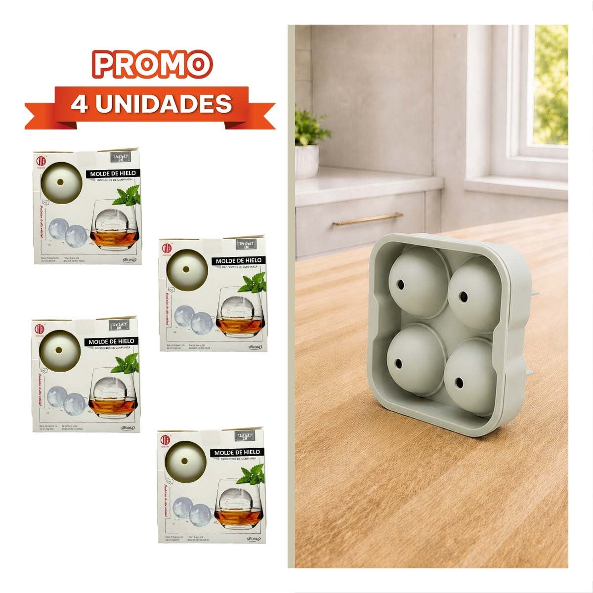 PACK4 CUBETERA PARA HIELO 4 BOLAS BLANCO Y DISEÑO PRACTICO 12X12X4,7CM YREGALO STICKER - 1