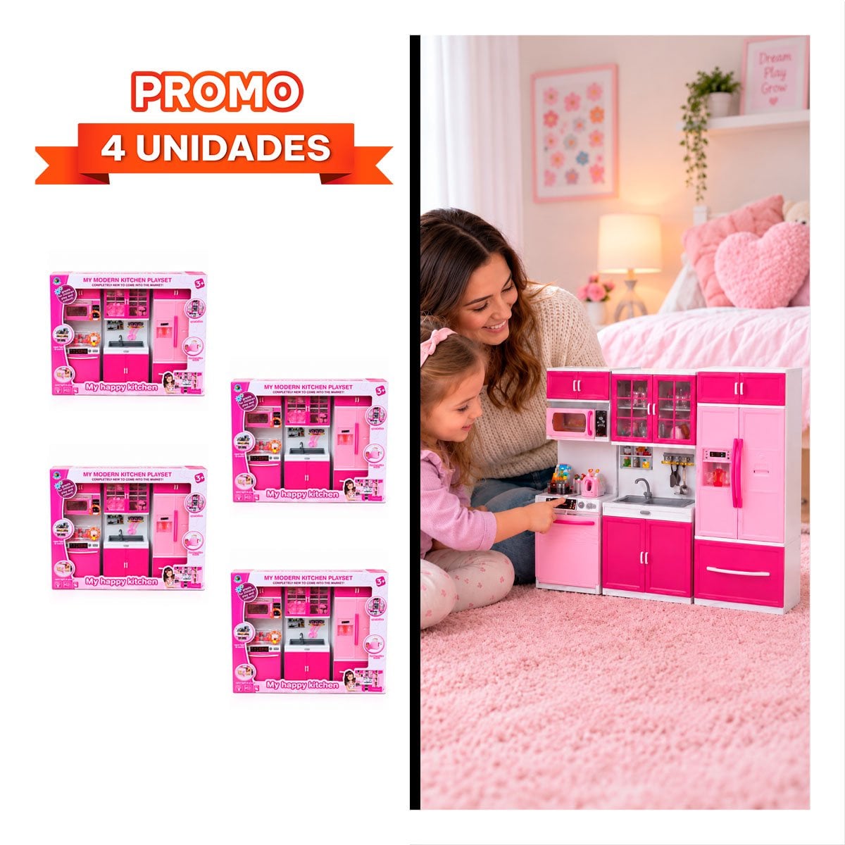 PACK4 SONORA COCINA MODERNA DE JUEGO CON LUZ Y SONIDO ROSADO PARA HOGAR - 1
