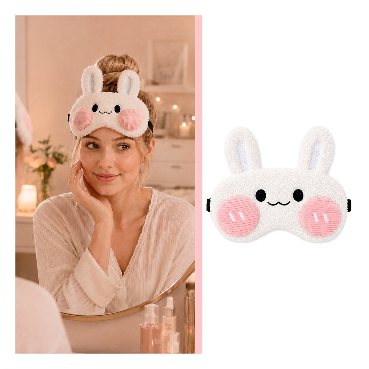 MASCARA CONEJO PELUCHE BLANCO PARA DORMIR CON SUAVE FELPA, ESTILO COMODO Y UNICO Y LIGAS REGALO - 1