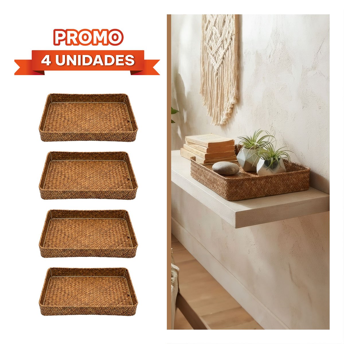 PACK4 RECIPIENTE DE MESA TEJIDO RECTANGULAR MOSTAZA 32X22X5 PARA HOGAR YREGALO STICKER - 1