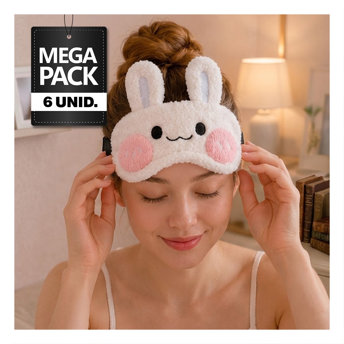 PACK6 MASCARA CONEJO PELUCHE BLANCO PARA DORMIR CON FELPA COMODA PARA EL HOGAR - 1