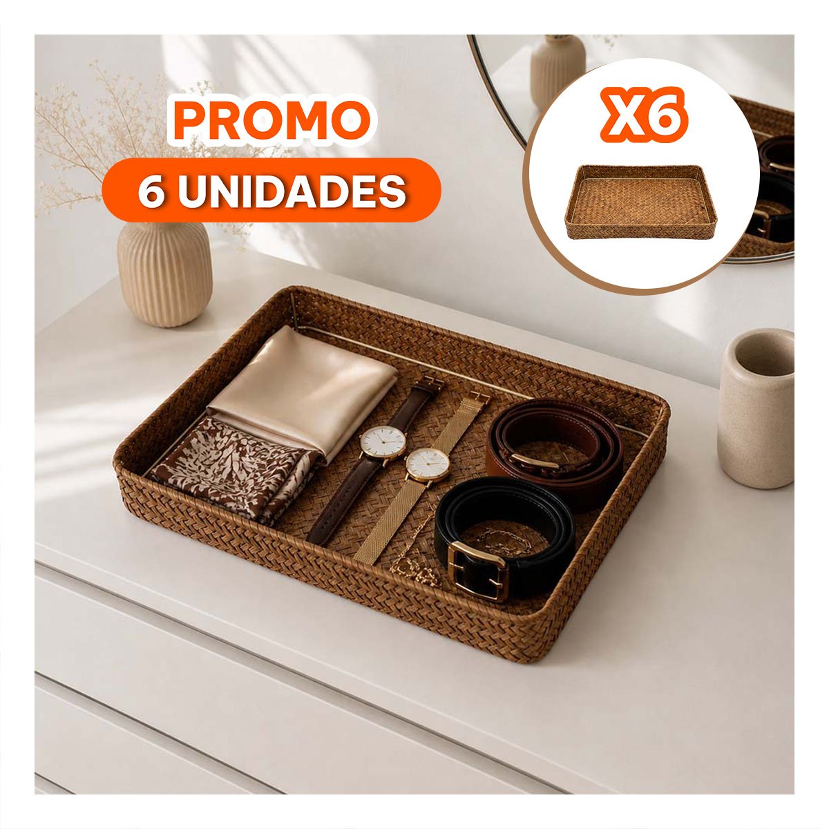 PACK6 FUENTE PARA OBJETOS RECTANGULAR MOSTAZA TEJIDA 32X22X5 FUNCIONAL YREGALO STICKER - 1