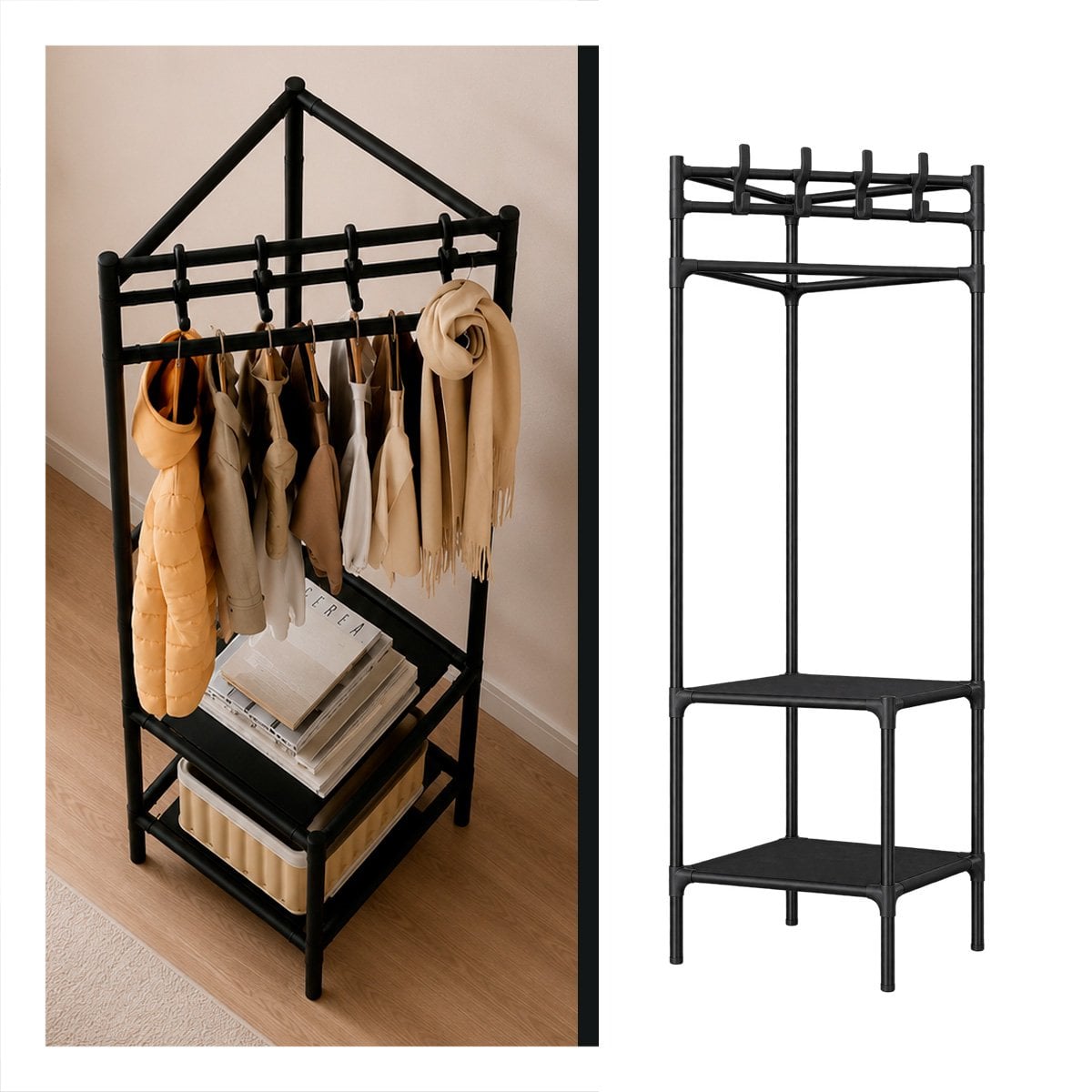 RACK NEGRO ESQUINERO PARA CALZADO CON PERCHERA 177X41CM DE 2 NIVELES Y LIGAS REGALO - 1