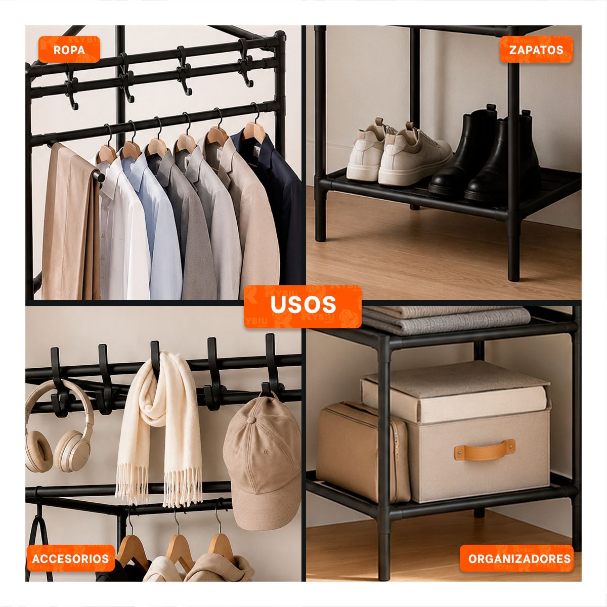 RACK NEGRO ESQUINERO PARA CALZADO CON PERCHERA 177X41CM DE 2 NIVELES Y LIGAS REGALO - 3