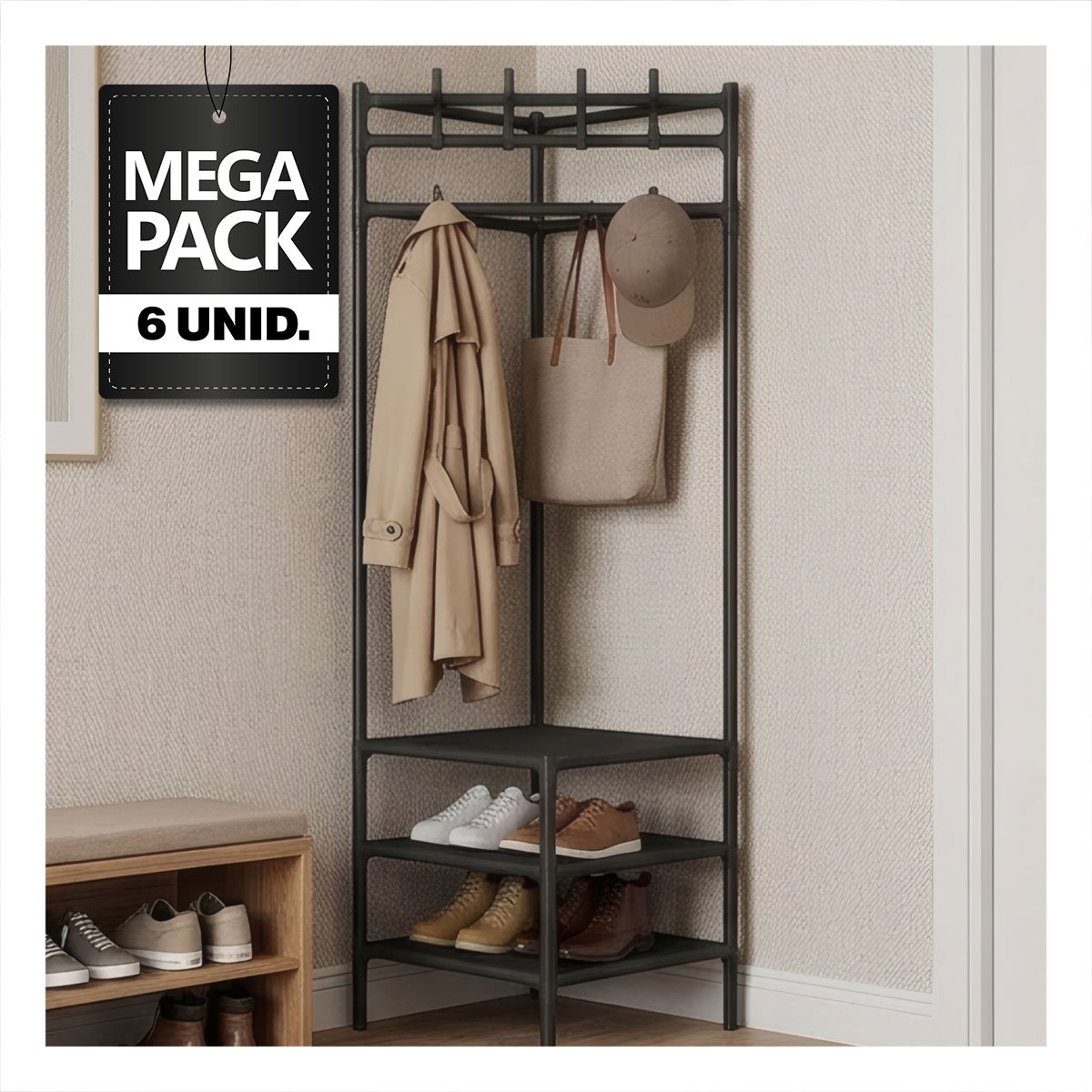 PACK6 RACK DE 2 NIVELES CON PERCHERA NEGRO PARA ESQUINA 177X41CM - 1