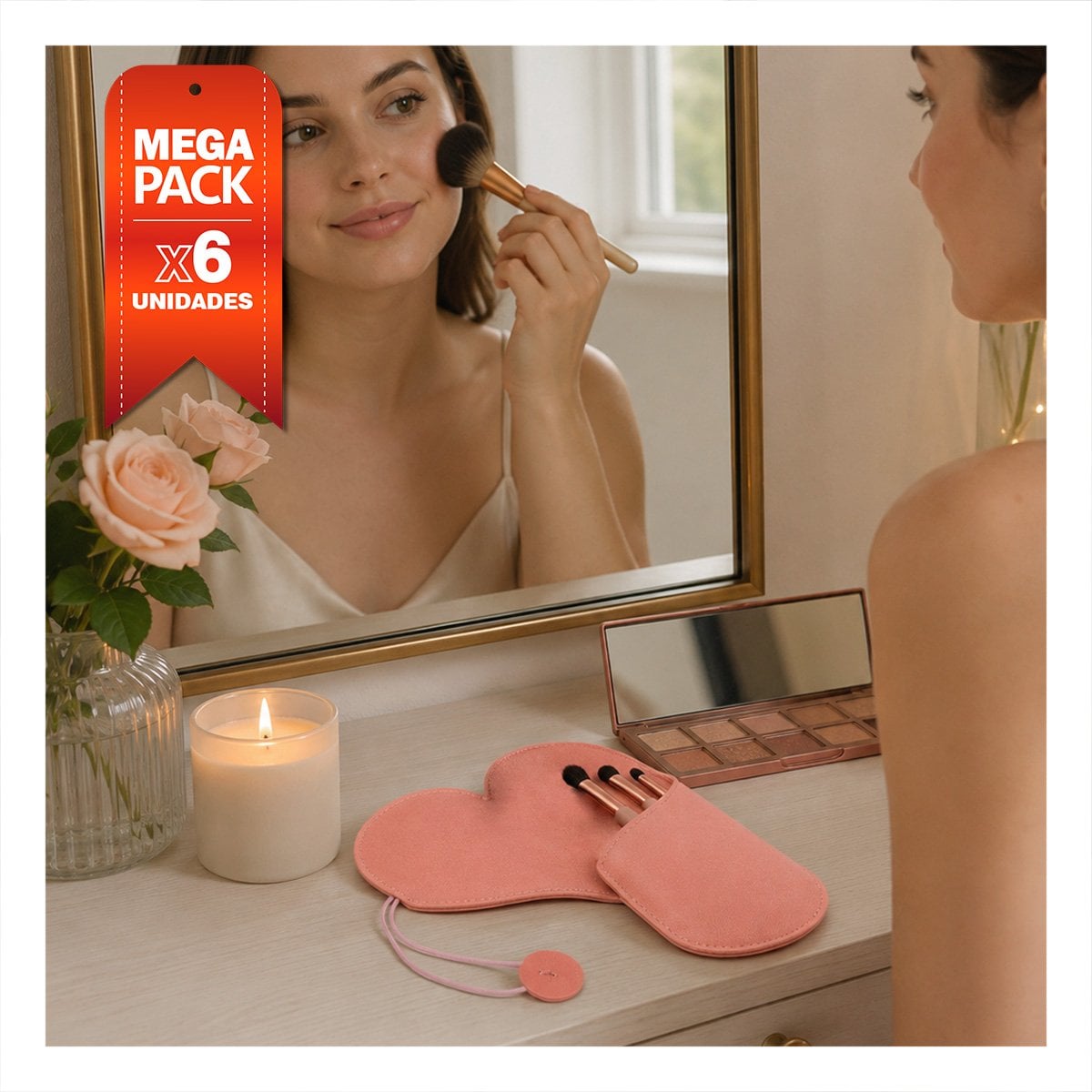 PACK6 KIT 4 BROCHAS PARA MAQUILLAJE CON ESTUCHE ROSADO PARA ROSTRO MODA BONITA YPAPEL REGALO - 1