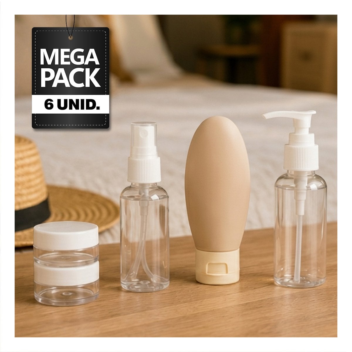 PACK6 SET DE 5 BOTELLAS DE VIAJES PARA TRASLADAR LAS CREMAS Y LOS SUEROS BLANCO - 1