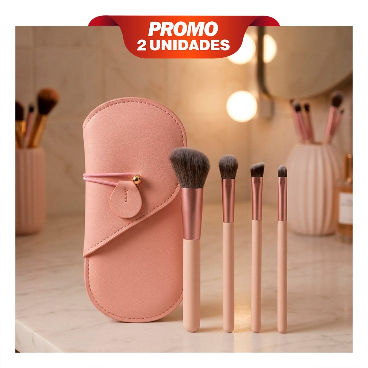 PACK2 PAQUETE 4 BROCHAS PARA MAQUILLAJE CON ESTUCHE ROSADO PARA ROSTRO USO FINO YPAPEL REGALO - 1