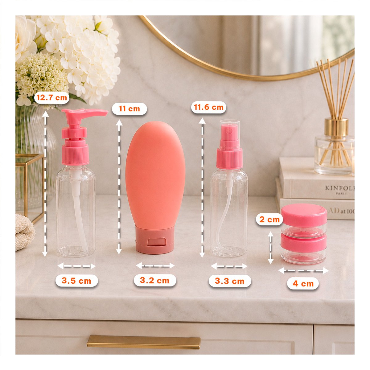 PACK4 JUEGO 5 BOTELLAS DE VIAJE ROSADO CON DISENO ELEGANTE PARA CHAMPU EN LA CASA YPAPEL REGALO - 4