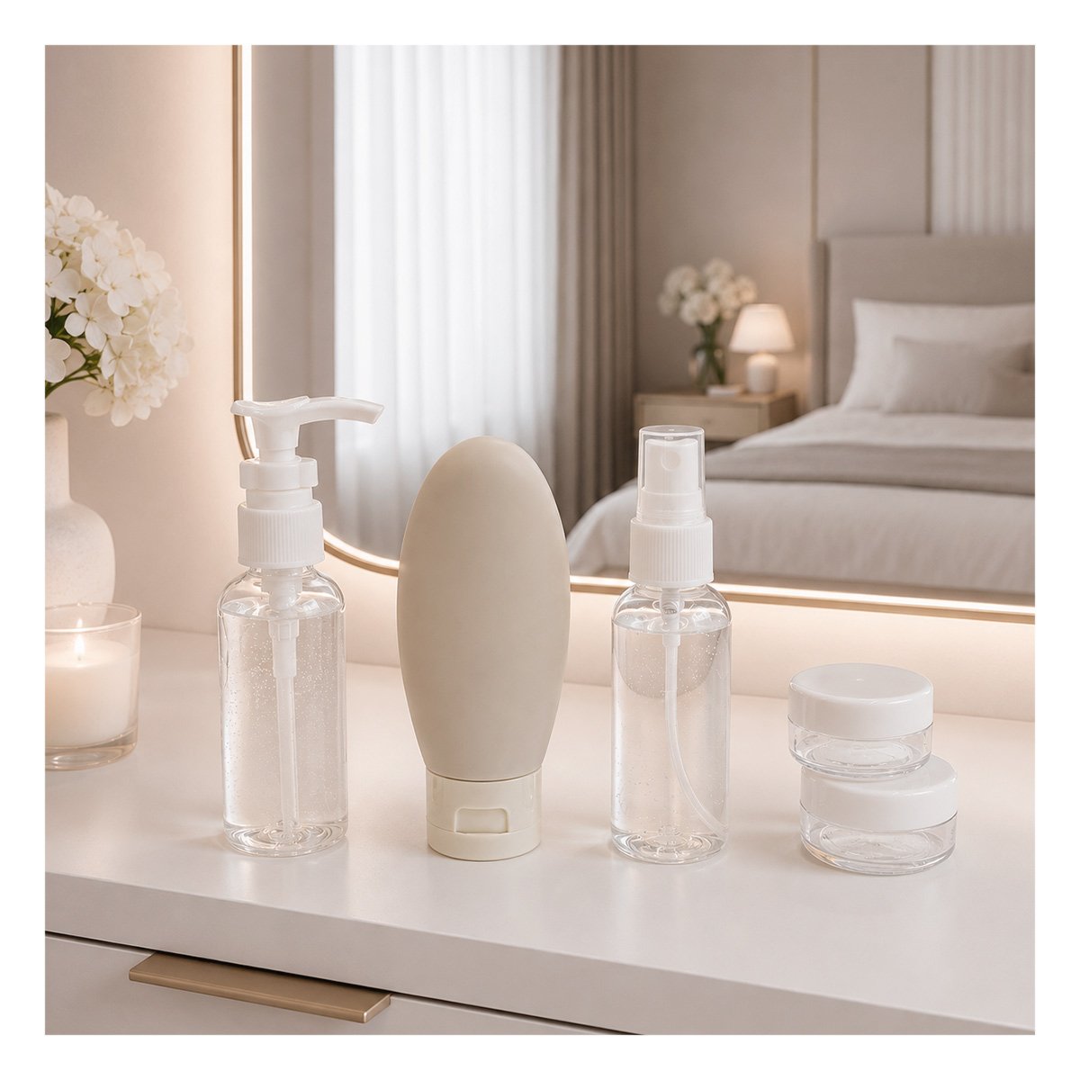 PACK DE 5 BOTELLAS DE VIAJES PARA GUARDAR LAS CREMAS Y EL CHAMPU BLANCO Y REGALO STICKER - 1