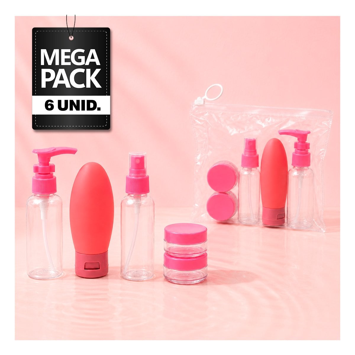 PACK6 KIT 5 BOTELLAS DE VIAJE ROSADO PARA CHAMPU CON DISENO COMODO PARA MALETA - 1
