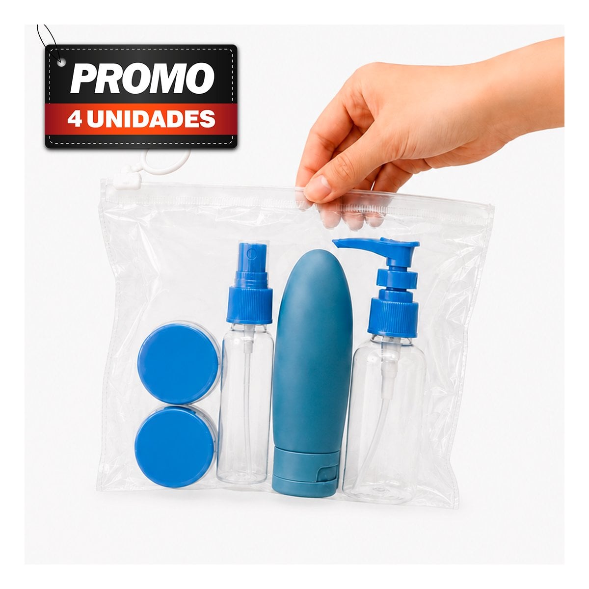 PACK4 PAQUETE 5 BOTELLAS DE VIAJE CELESTE DE PLASTICO PARA VIAJE, CHAMPU Y CREMAS - 1