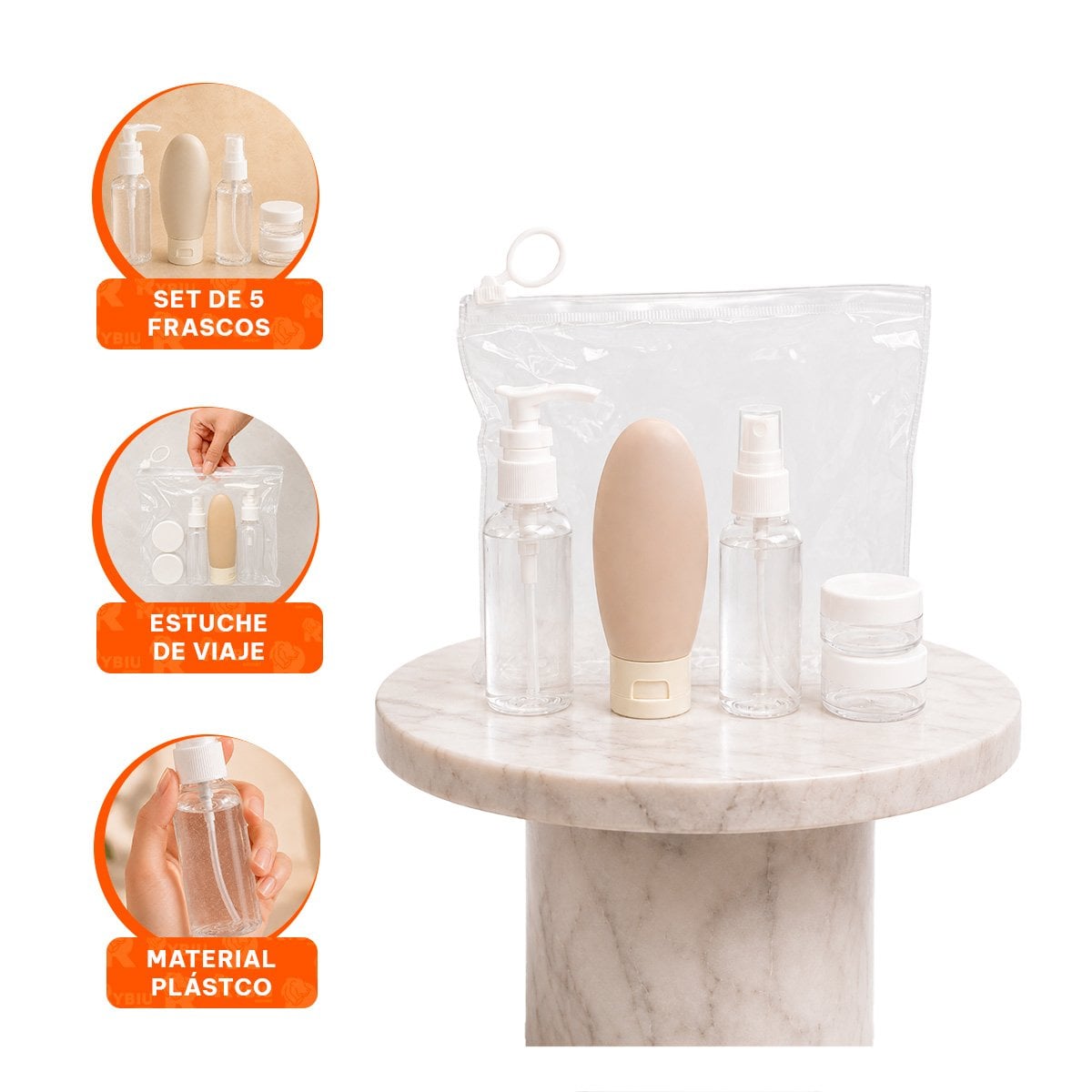 SET DE 5 BOTELLAS DE VIAJE PARA TRASLADAR LAS CREMAS Y EL CHAMPU BLANCO - 4