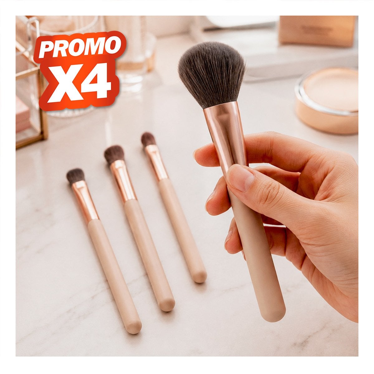 PACK4 ORGANIZADOR 4 BROCHAS PARA MAQUILLAJE ROSADO PARA ROSTRO DE USO COMODO YPAPEL REGALO - 1