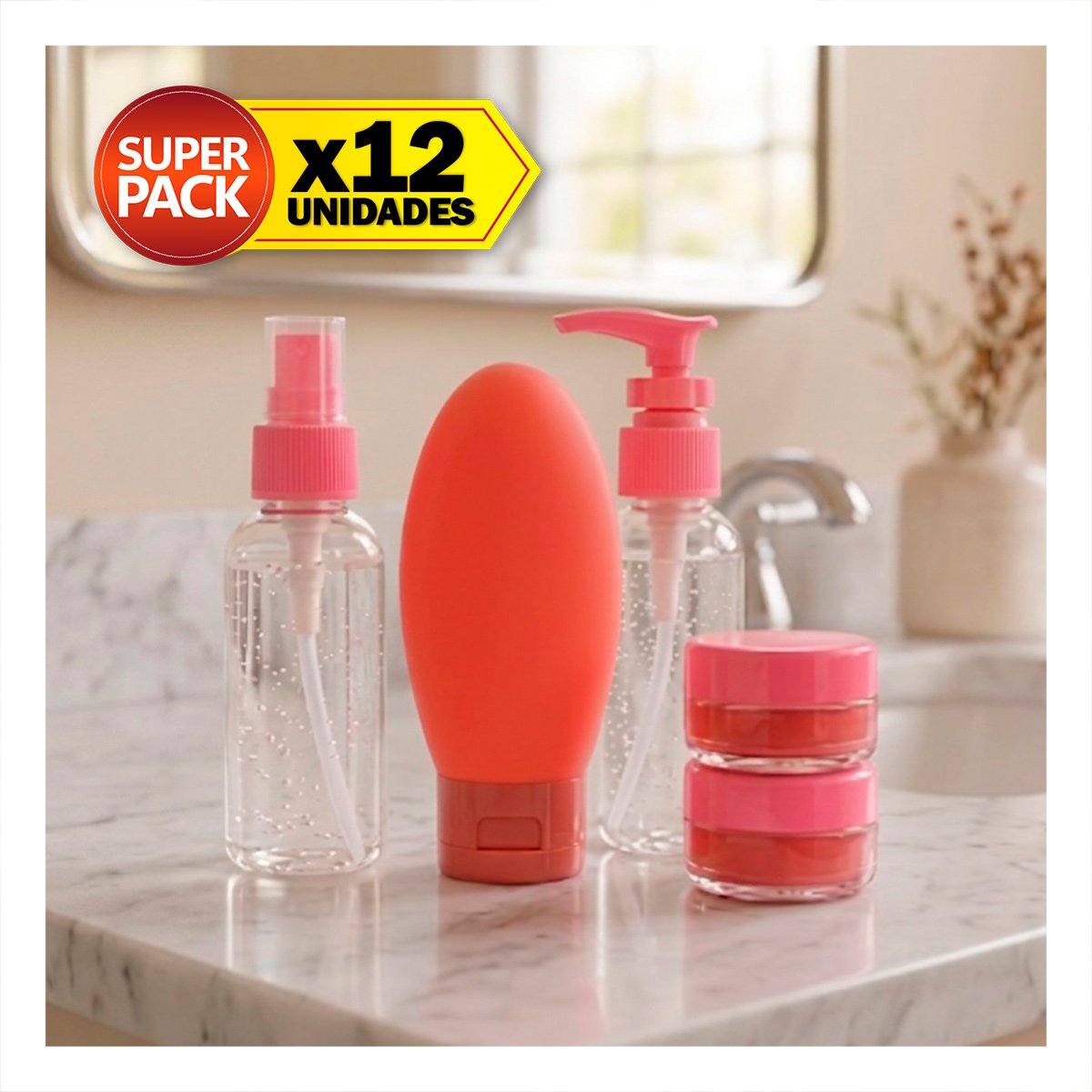 PACK12 PAQUETE 5 BOTELLAS DE VIAJE ROSADO CON DISENO UNICO PARA CHAMPU EN LA CASA YPAPEL REGALO - 1