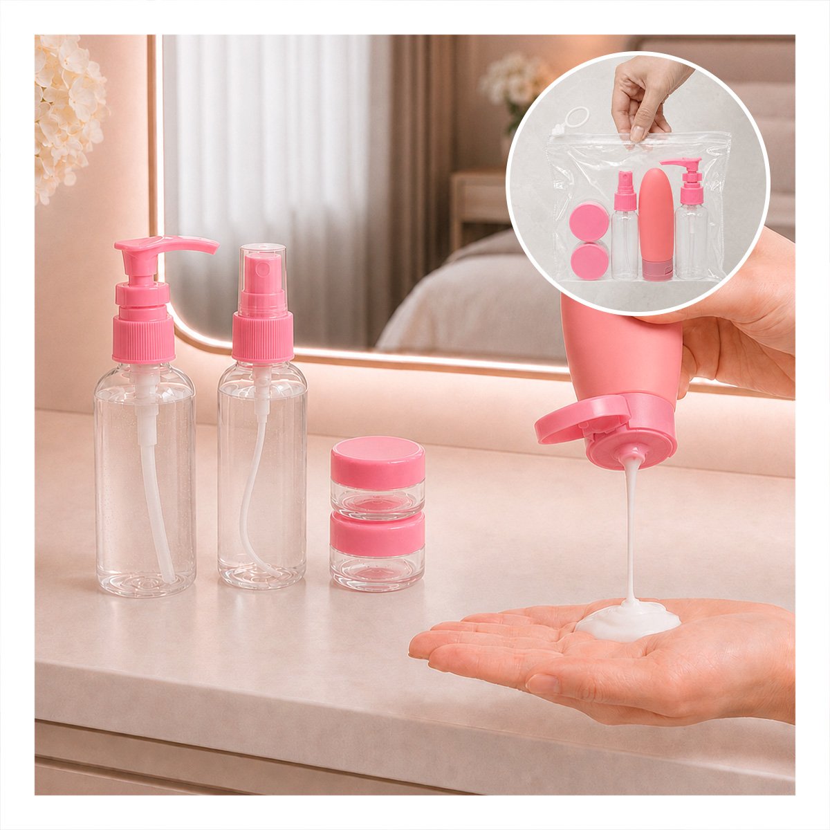 PACK12 PAQUETE 5 BOTELLAS DE VIAJE ROSADO CON DISENO UNICO PARA CHAMPU EN LA CASA YPAPEL REGALO - 3
