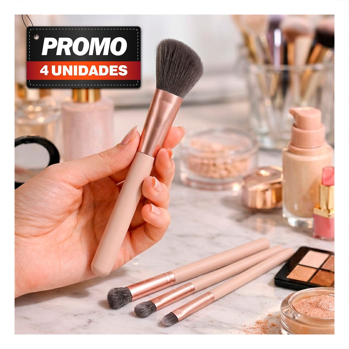 PACK4 LOTE 4 BROCHAS PARA MAQUILLAJE EN COLOR ROSADO CON ESTUCHE PARA ROSTRO FINO - 1