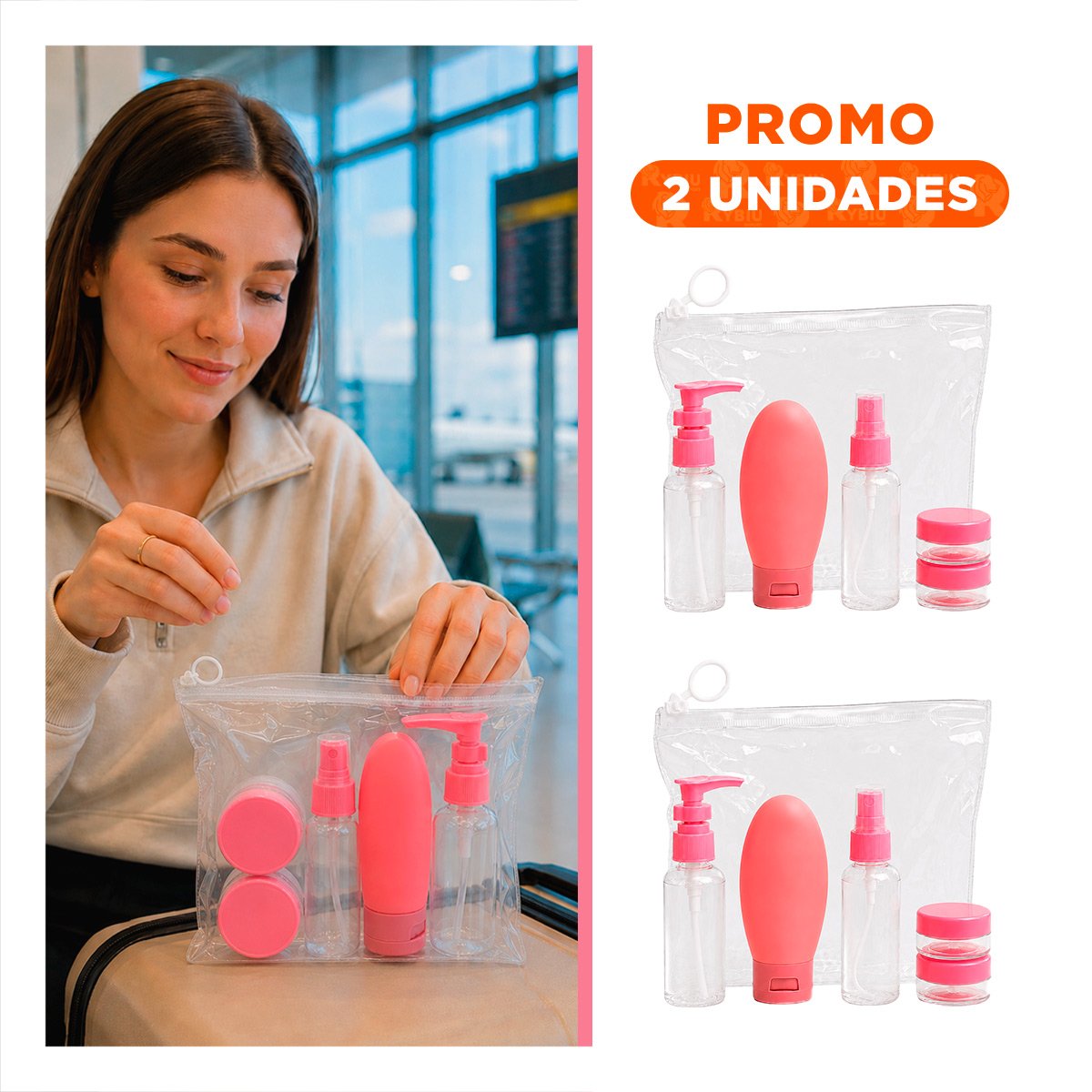 PACK2 ESTUCHE 5 BOTELLAS DE VIAJE ROSADO DE PLASTICO PARA LLEVAR EN EL EQUIPAJE YREGALO STICKER - 1