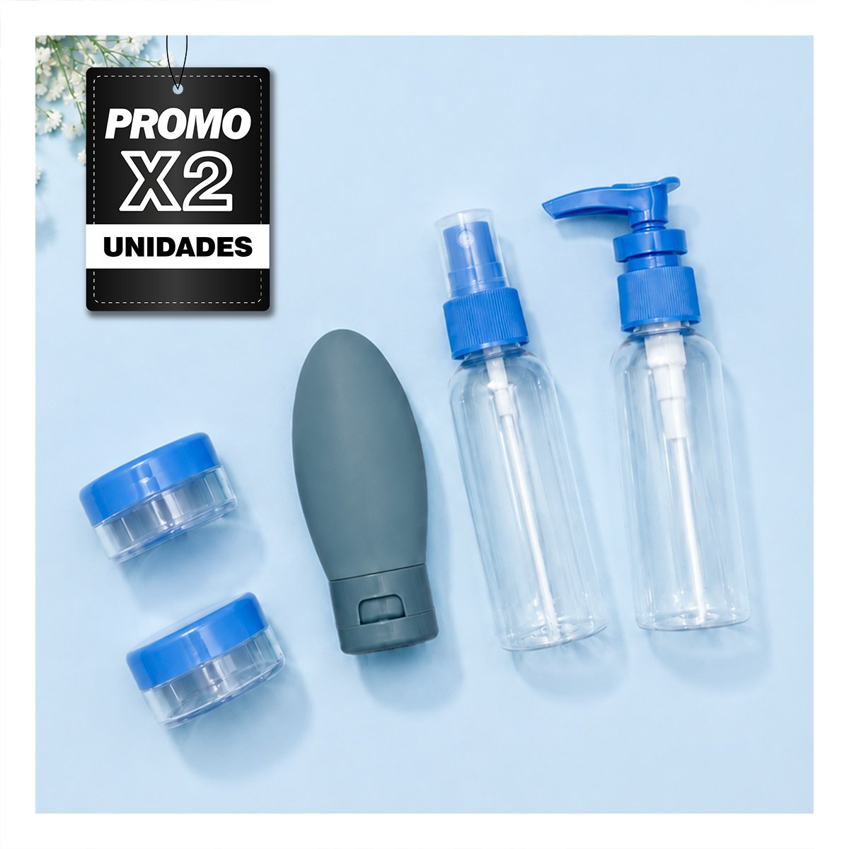 PACK2 KIT 5 BOTELLAS DE VIAJE CELESTE DE PLASTICO PARA VIAJES EN CASA O EQUIPAJE - 1