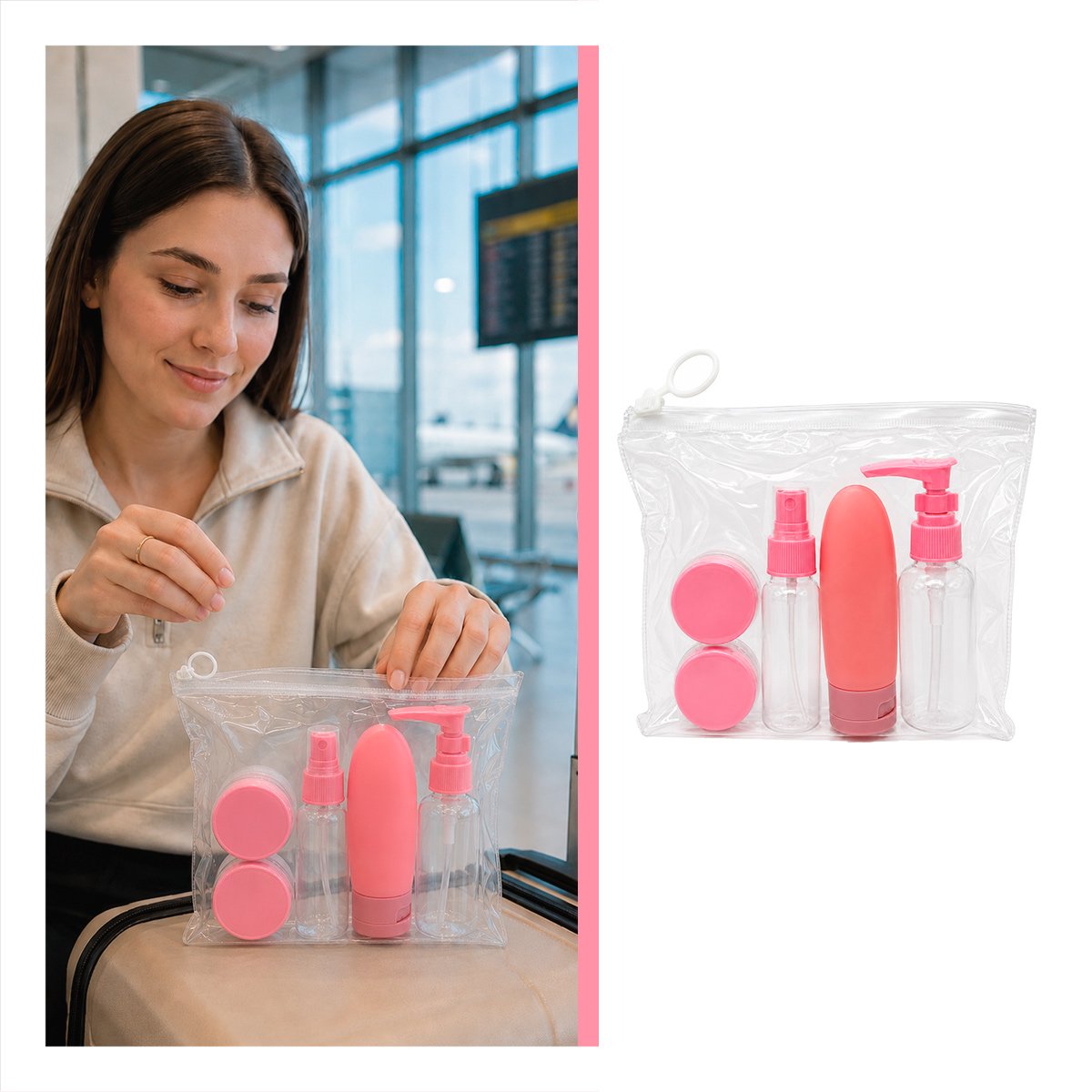 PAQUETE 5 BOTELLAS DE VIAJE ROSADO PARA CHAMPU Y CREMAS, ESTILO PRACTICO Y LIGAS REGALO - 1