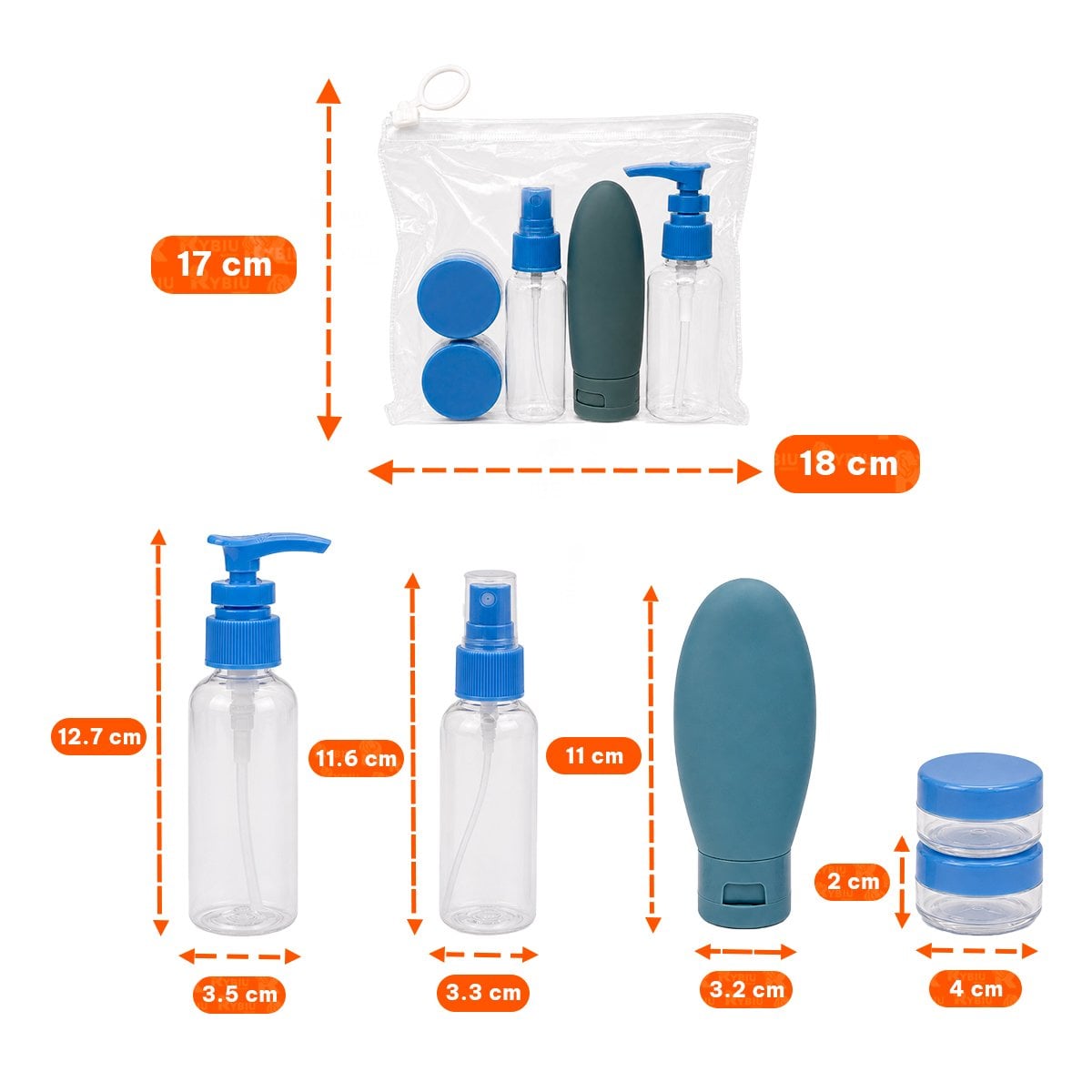 JUEGO 5 BOTELLAS DE VIAJE CELESTE PARA CHAMPU Y CREMAS CON ESTILO PORTATIL Y PAPEL REGALO - 2