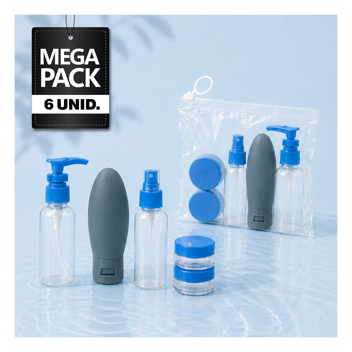 PACK6 KIT 5 BOTELLAS DE VIAJE CELESTE PARA CHAMPU CON DISENO COMODO PARA MALETA - 1