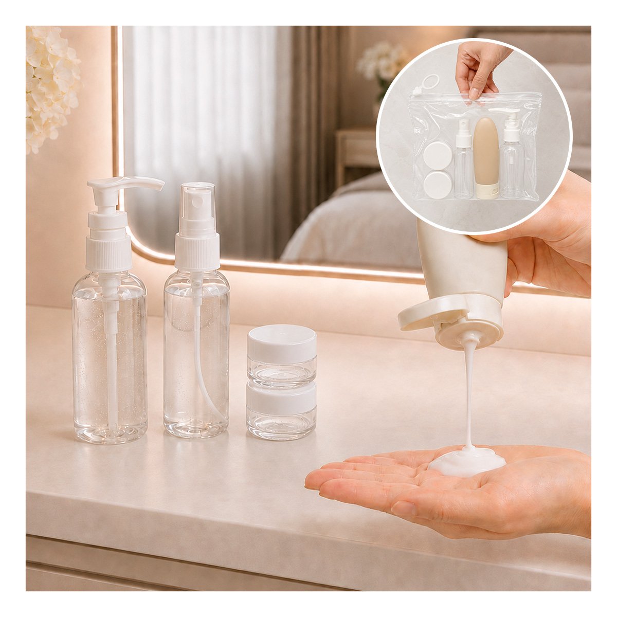 PACK12 COLECCION DE 5 BOTELLAS DE VIAJE PARA LLEVAR LAS CREMAS Y LA LOCION BLANCO YPAPEL REGALO - 3