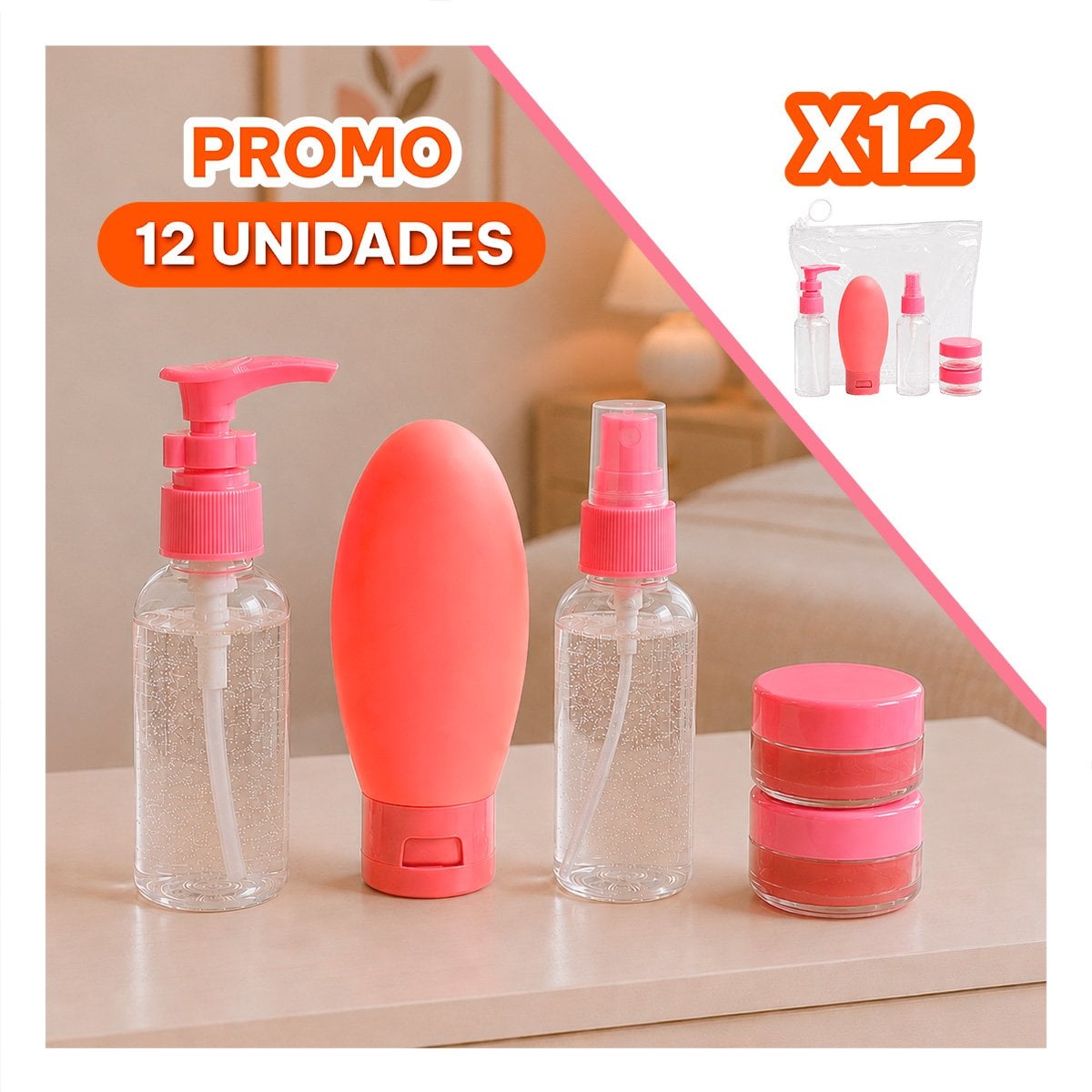 PACK12 SET 5 BOTELLAS DE VIAJE ROSADO DE PLASTICO PARA LLEVAR DE VIAJE YREGALO STICKER - 1