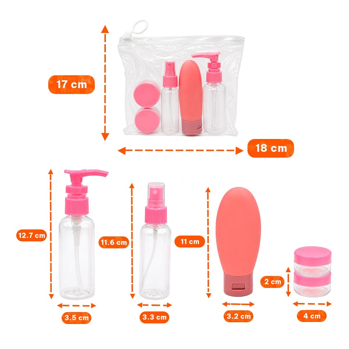 PACK12 SET 5 BOTELLAS DE VIAJE ROSADO DE PLASTICO PARA LLEVAR DE VIAJE YREGALO STICKER - 2