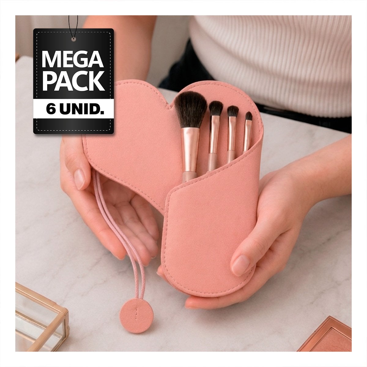 PACK6 SET 4 BROCHAS PARA MAQUILLAJE CON ESTUCHE ROSADO PARA ROSTRO Y DE USO COMODO - 1