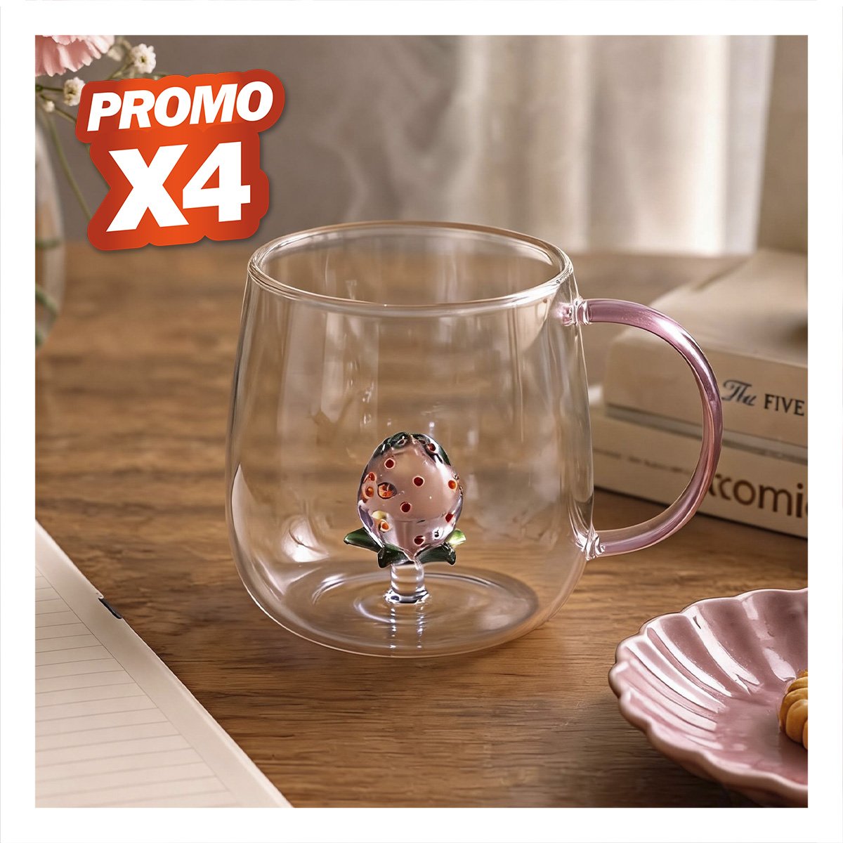 PACK4 VASO PARA BEBIDAS Y MERIENDAS CON FRESA ADENTRO Y ASA ROSADA TRANSPARENTE YPAPEL REGALO - 1