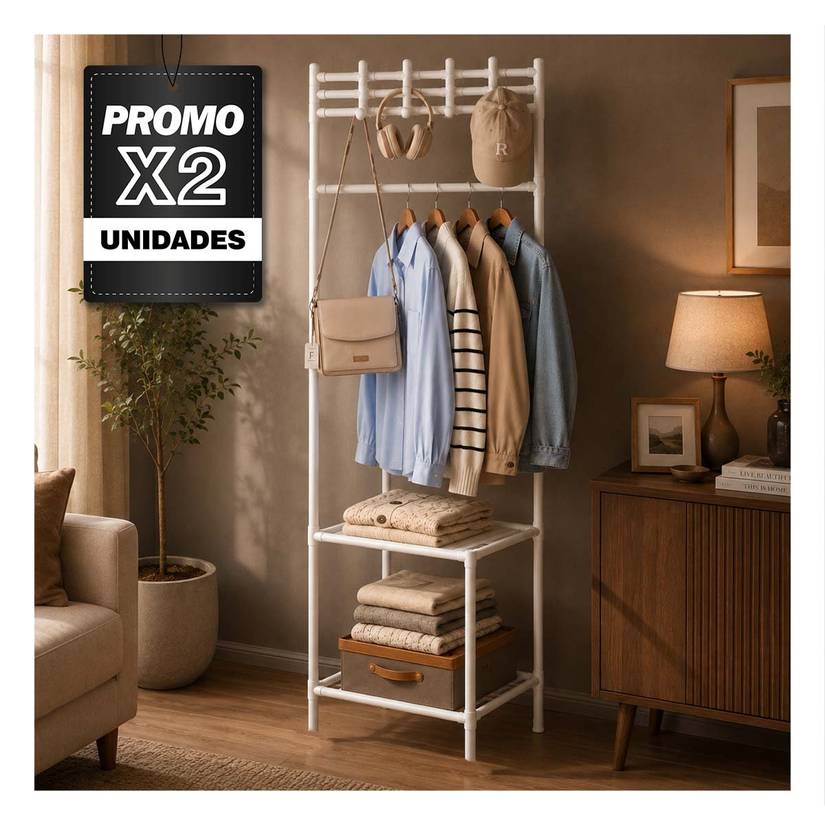 PACK2 ORGANIZADOR ESQUINERO PARA ZAPATOS CON PERCHERA BLANCO DE 2 NIVELES 177X41CM - 1