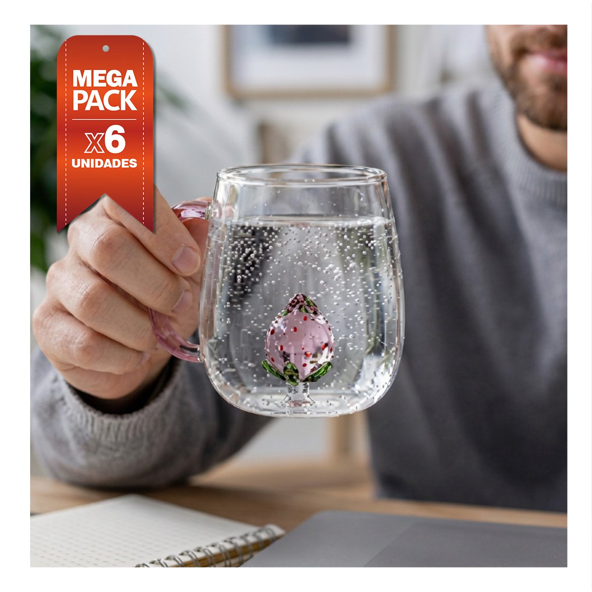 PACK6 VASO TRANSPARENTE CON FRESA Y ASA ROSADA PARA CAFE Y BEBIDAS EN EL HOGAR YPAPEL REGALO - 1